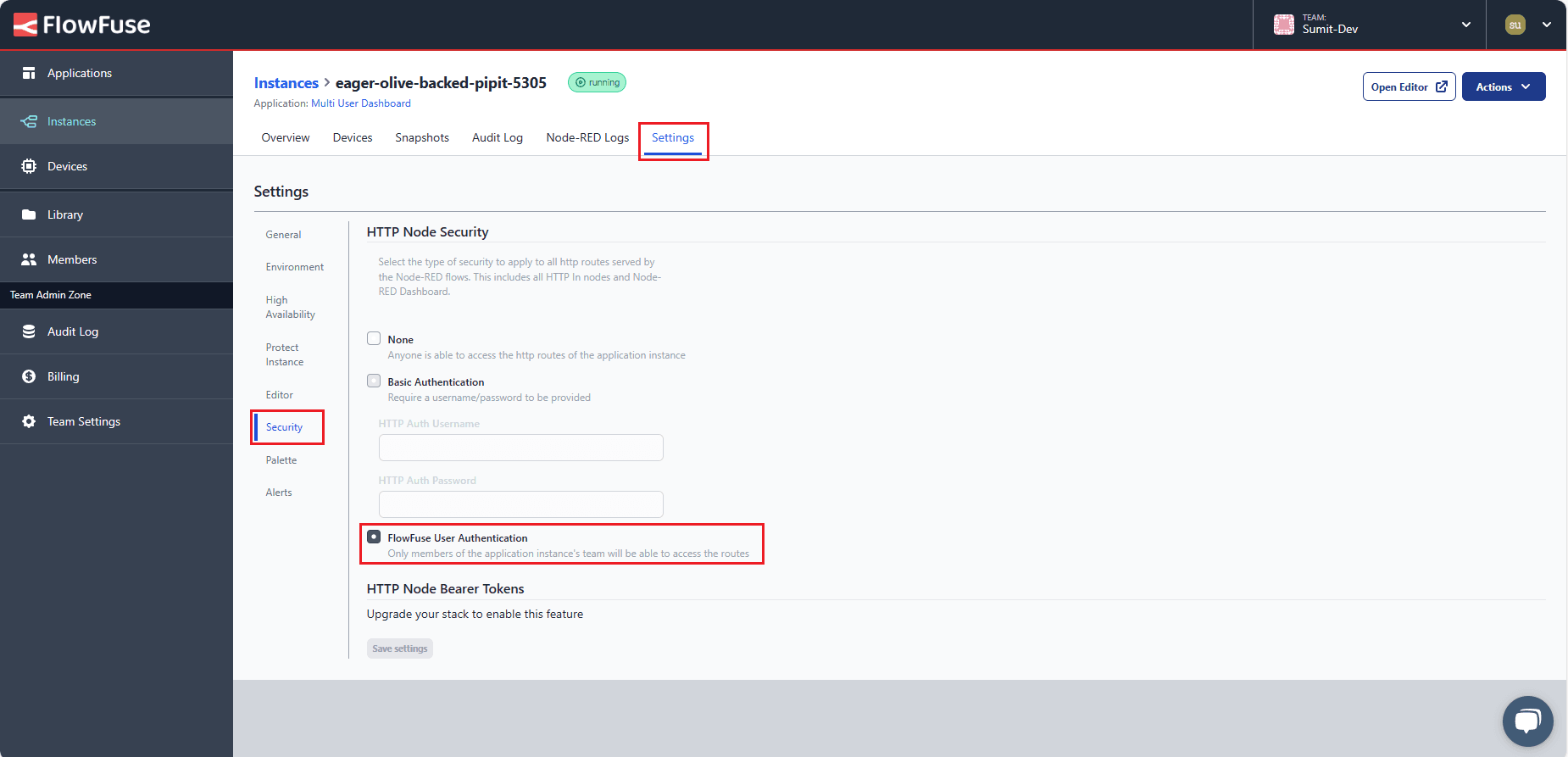 Screenshot displaying the configuration settings within the FlowFuse instance, enabling user authentication for enhanced security. "Screenshot displaying the configuration settings within the FlowFuse instance, enabling user authentication for enhanced security."